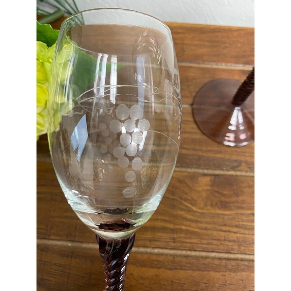 Pair of Vintage Etched Grapevine Wine Glasses with Purple Crafted Stems - Picture 2 of 5